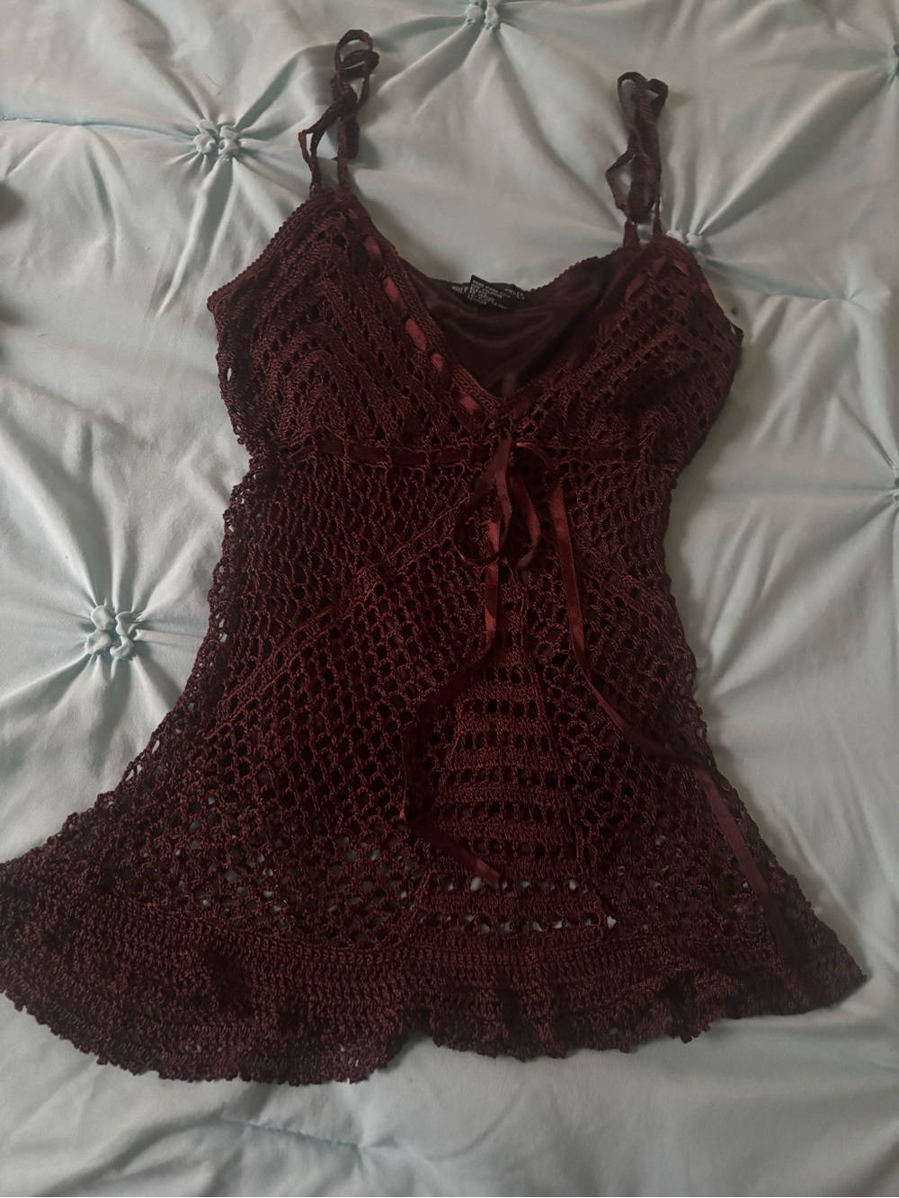 Crochet Burgundy Camisole with Satin Tie